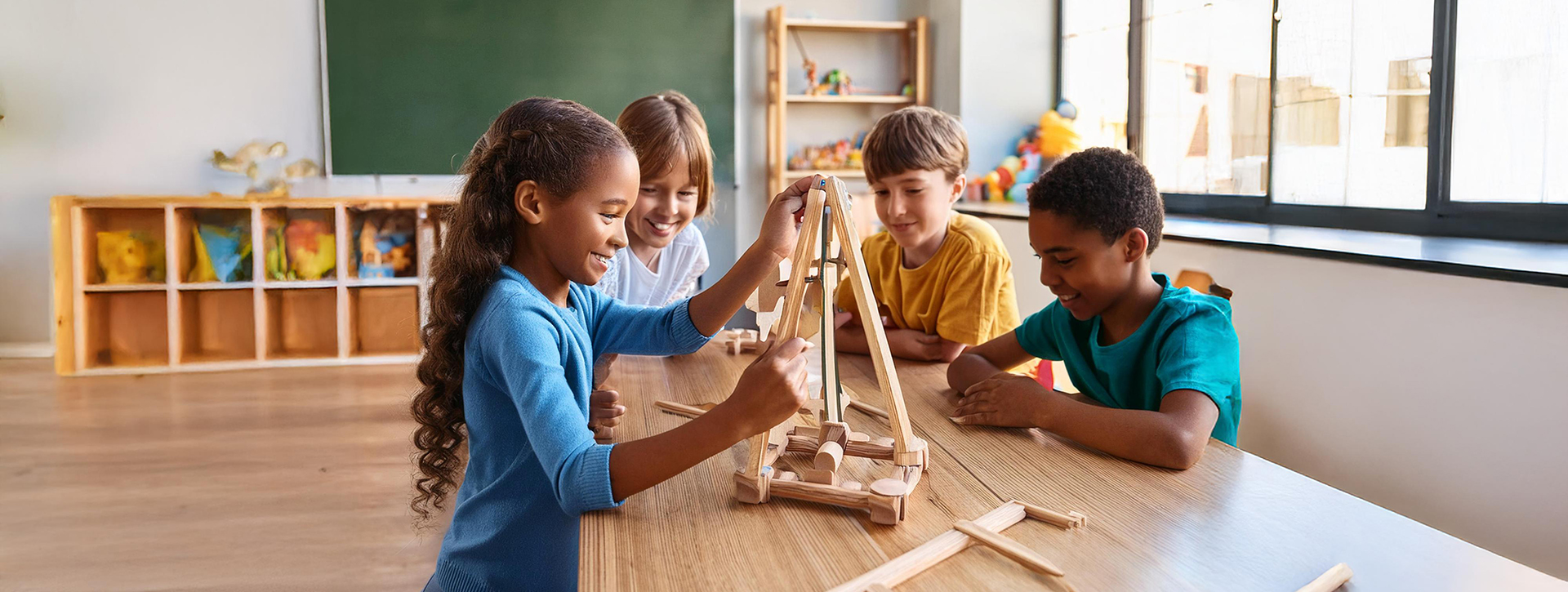 Generative image depicting four children in a well-lit classroom working together at a table to build a catapult.